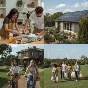 family composting kitchen scraps and recycling paper and plastic bottles, solar panels on a rooftop generating clean energy, urban garden with raised beds and colorful flowers, sustainable eco-friendly home with green roof and rainwater harvesting system, diverse group of people volunteering at a community cleanup event, wind turbines generating renewable energy in a green landscape, young woman riding a bicycle with a reusable water bottle and eco-friendly tote bag, happy family walking in a park with reusable shopping bags and metal straws