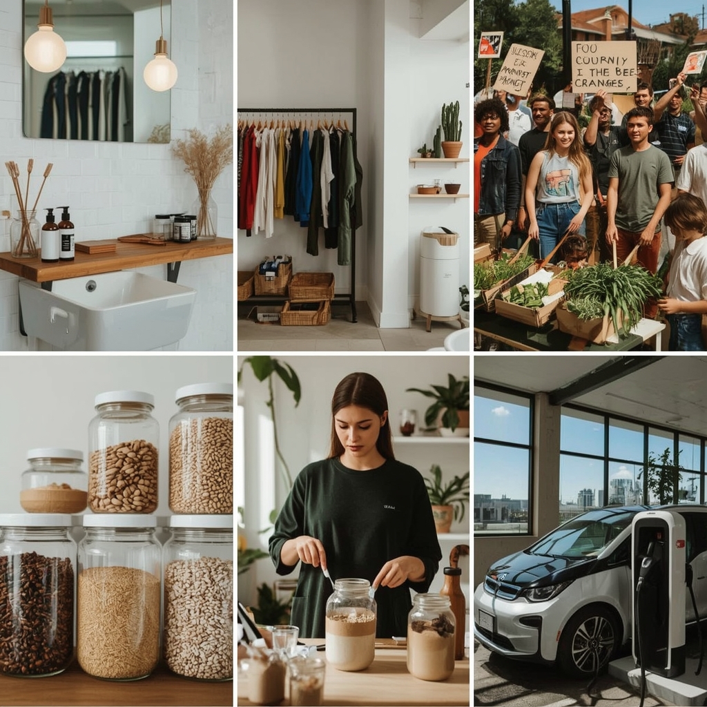 modern zero waste bathroom with bamboo toothbrushes and refillable soap dispensers, sustainable fashion store with eco-friend