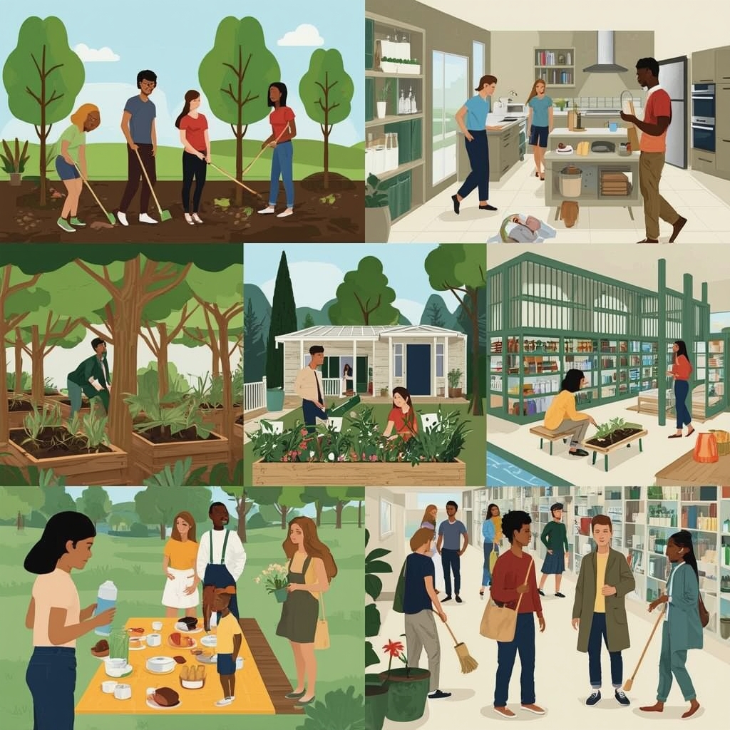 diverse group of people planting trees in a reforestation project, zero waste kitchen with stainless steel containers and clo