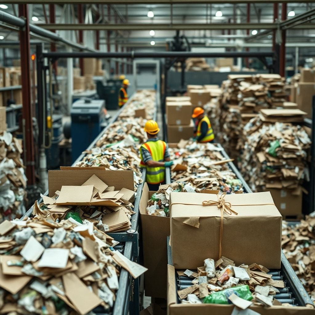 recycled materials being sorted and processed in a factory setting, showing conveyor belts and workers wearing safety gear, eco-friendly packaging made from recycled paper and cardboard, sustainable practices in action, reducing carbon footprint