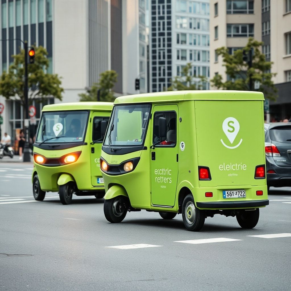 ecofriendly - electric delivery vehicles on city streets, green transportation options for reducing carbon emissions, eco-fri