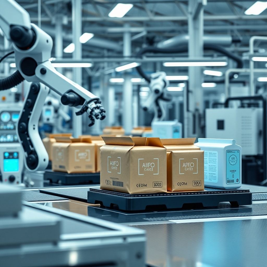 modern packaging facility with robotic systems and AI-powered design software, sleek and futuristic packaging solutions, advanced smart packaging with digital features and sensors, innovative technologies revolutionizing the packaging industry, high-tech production line with automated processes, dynamic and efficient packaging operations, cutting-edge solutions for modern businesses