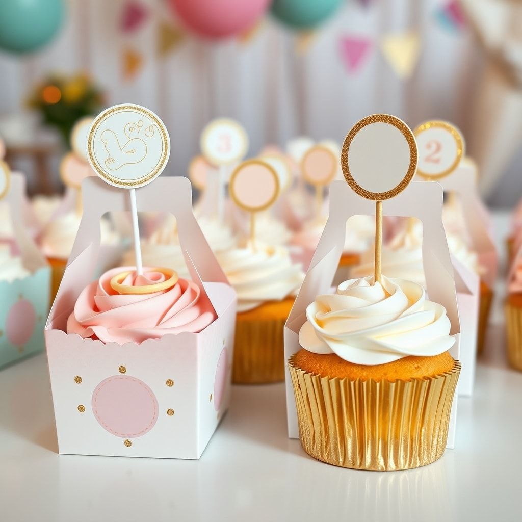 cupcake boxes decorated with pastel colors and baby-themed decorations, elegant white and gold accents for a wedding reception, vibrant colors and festive decorations for a birthday party
