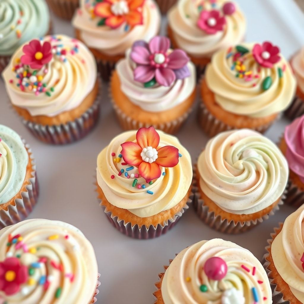 unlock - cupcakes decorated with colorful frosting, sprinkles, edible flowers, and small candies, creative edible designs on