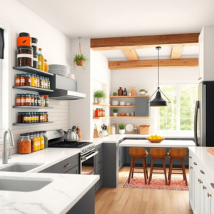 organized kitchen pantry with labeled spice jars, neatly stacked plates, and colorful food containers, modern kitchen with marble countertops and stainless steel appliances, cozy kitchen nook with hanging plants and natural light, vibrant kitchen interior with colorful tiles and wooden accents, minimalist kitchen with clean white walls and sleek black cabinets, rustic farmhouse kitchen with exposed wooden beams and vintage decor, inviting kitchen island with bar stools and pendant lights, Scandinavian kitchen with light wood accents and neutral color palette