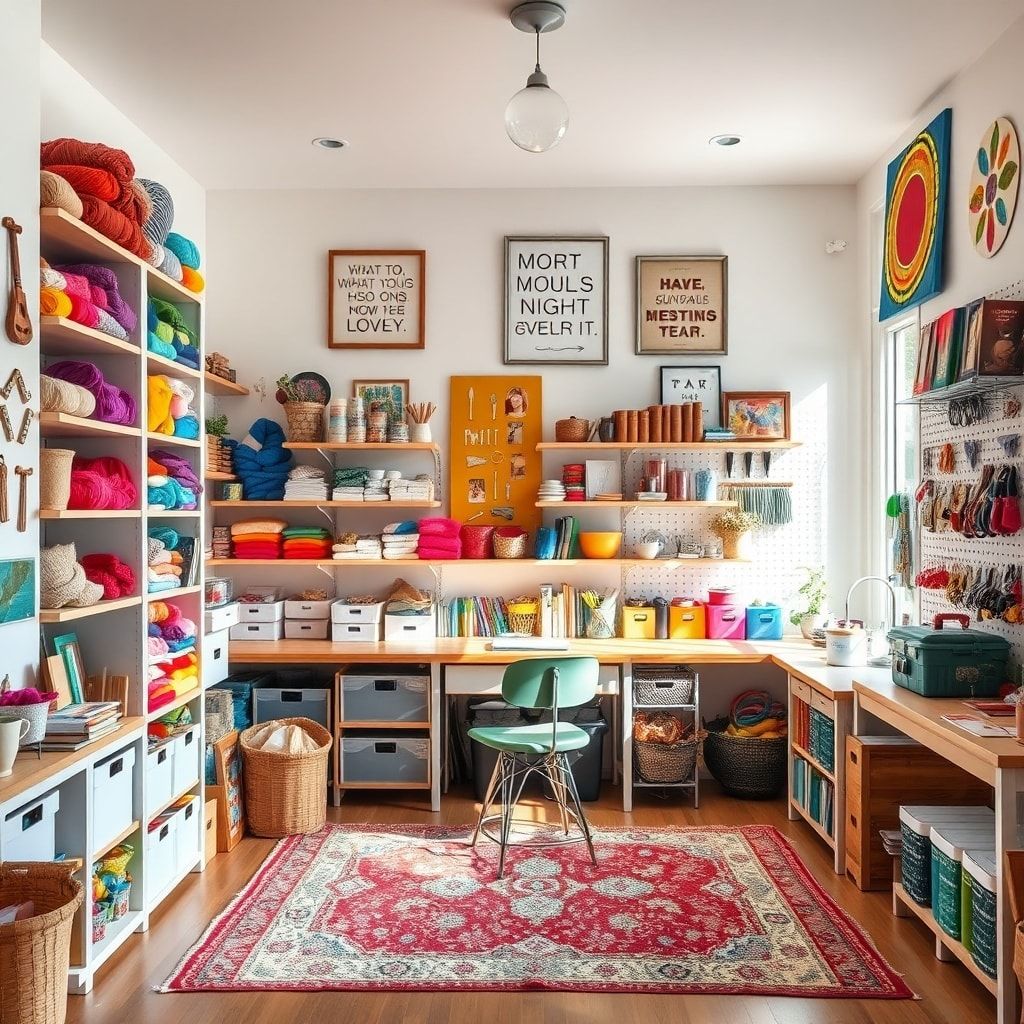 innovative - colorful craft room with shelves full of yarn, fabric, and art supplies, cozy crafting corner with natural light