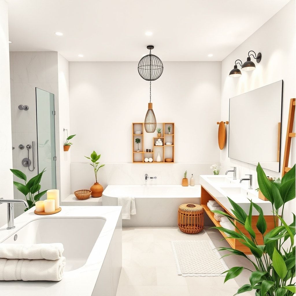 innovative - spa-like bathroom with green plants, candles, and fluffy towels, minimalist bathroom with marble countertops and
