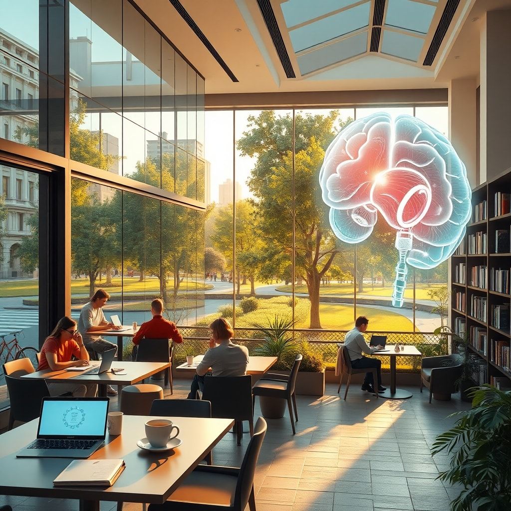 innovative - modern office with glass walls and people working on laptops, cozy Italian café terrace with coffee cups and no