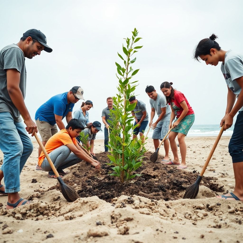 environmental conservation with diverse group of people planting trees and cleaning up beach