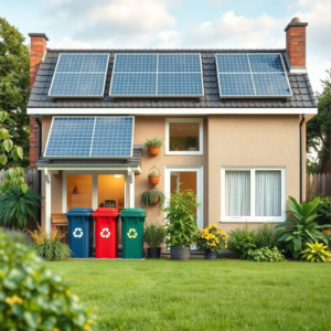 sustainable living in a modern eco-friendly home with solar panels, recycling bins, and lush green garden