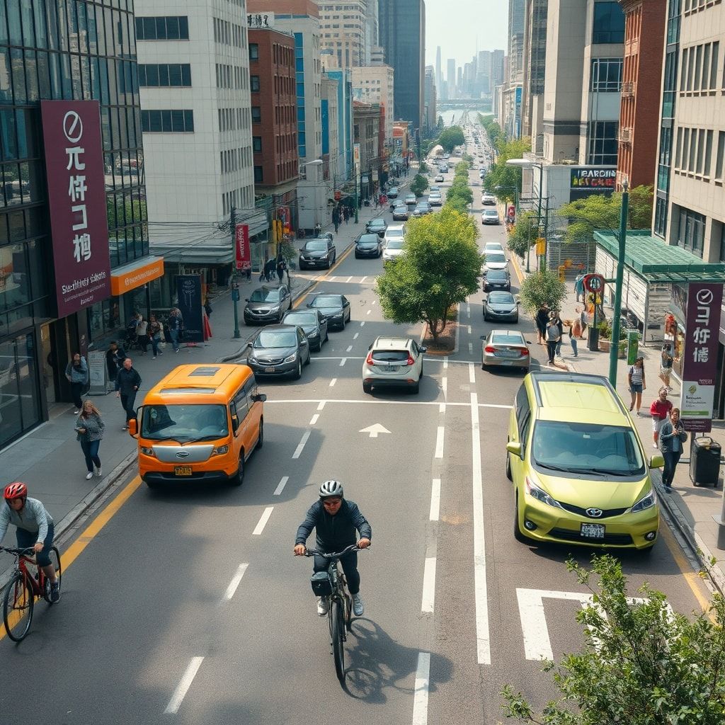 sustainable transportation options like biking, walking, and electric vehicles in a bustling city setting