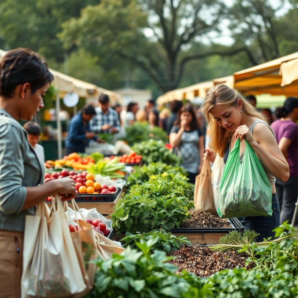 sustainable lifestyle choices such as shopping at farmers' markets, using reusable bags, and composting in a vibrant communit