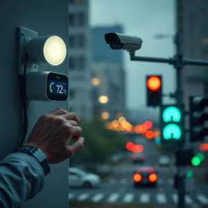 smart home devices controlling lights, thermostat, and security cameras, wearable technology tracking fitness and health data, smart city infrastructure with connected traffic lights and parking sensors
