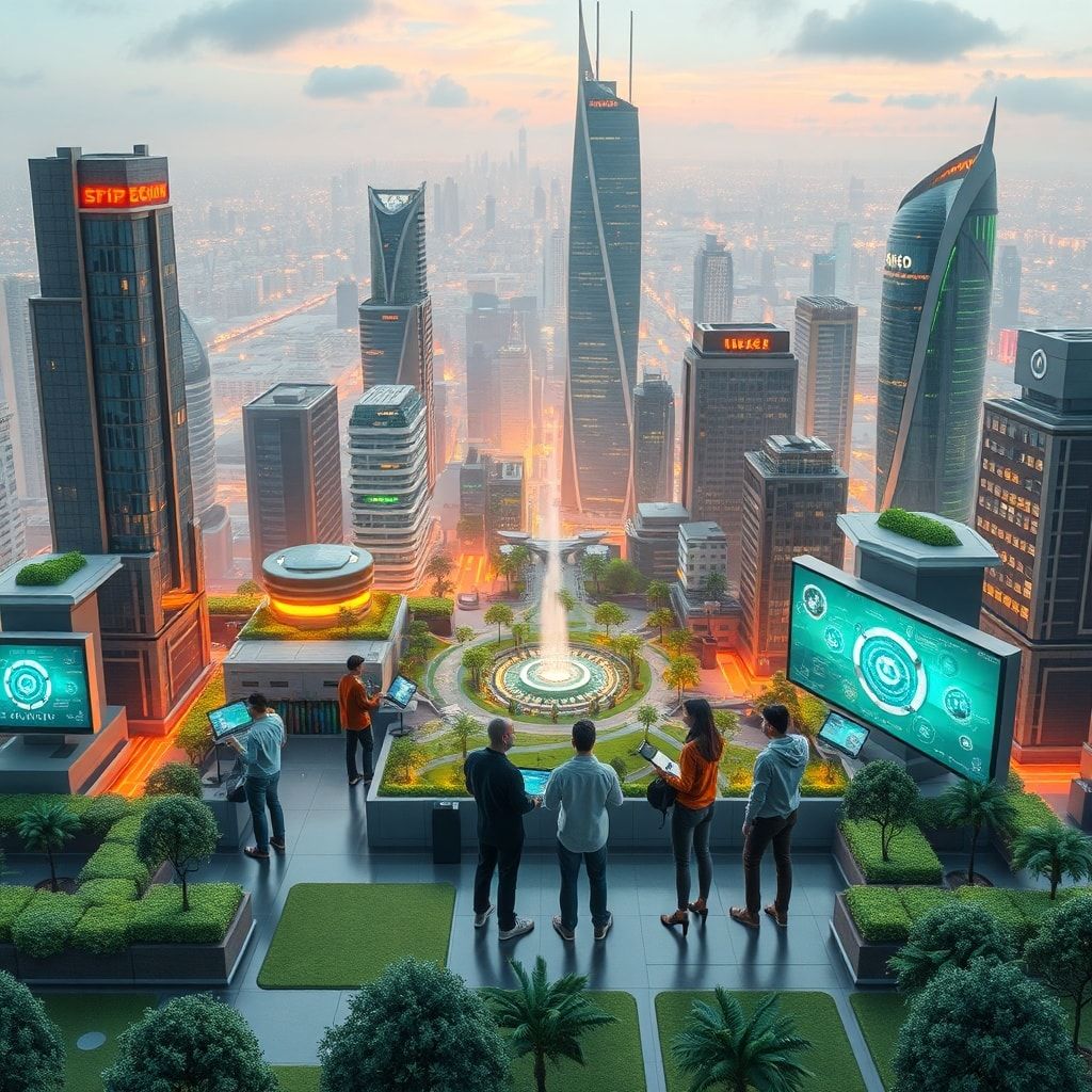 breaking - futuristic cityscape with advanced technologies and green spaces, diverse group of people collaborating on digital