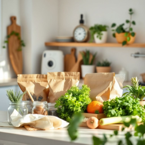 sustainable lifestyle with reusable items, eco-friendly packaging, zero waste kitchen, organic produce, green plants, natural light, minimalist decor, sustainable living, eco-conscious choices