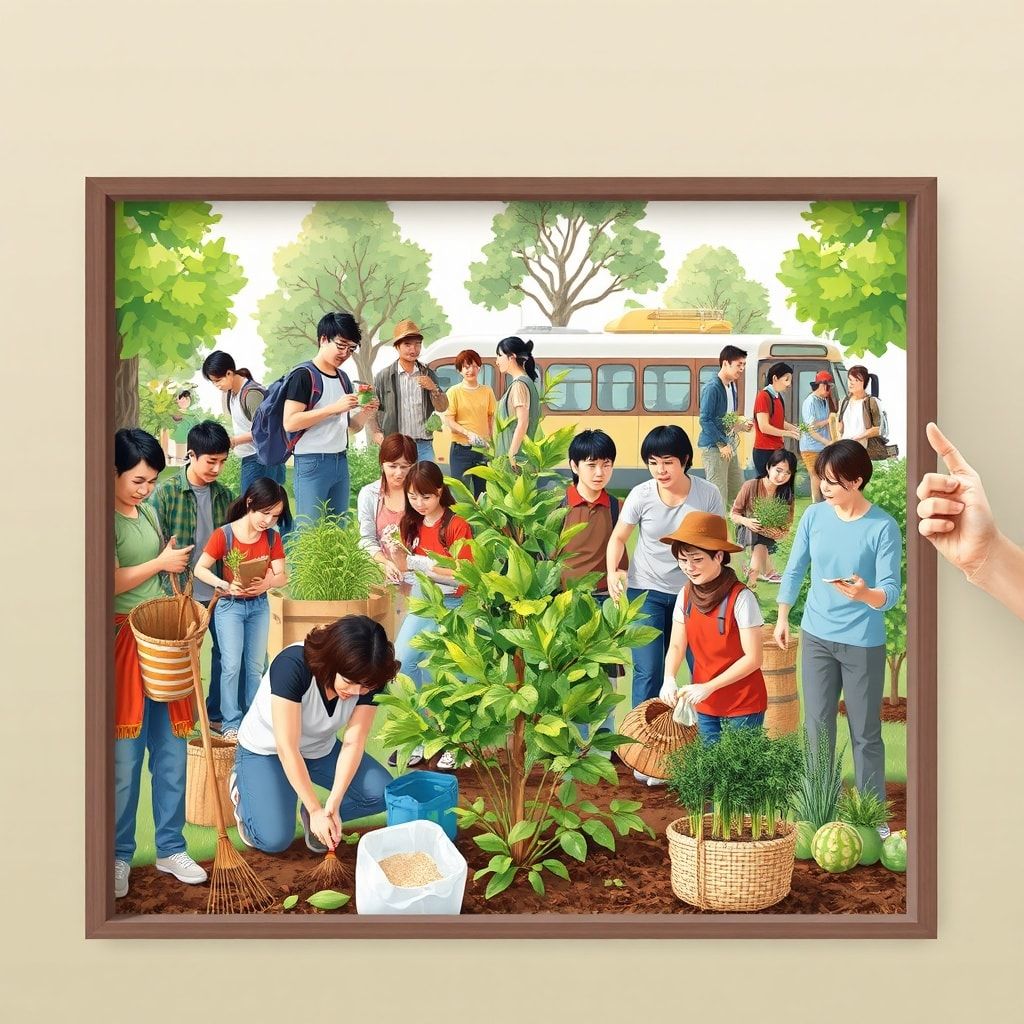 ecofriendly - diverse group of people participating in environmental cleanup, planting trees, recycling, using public transpo