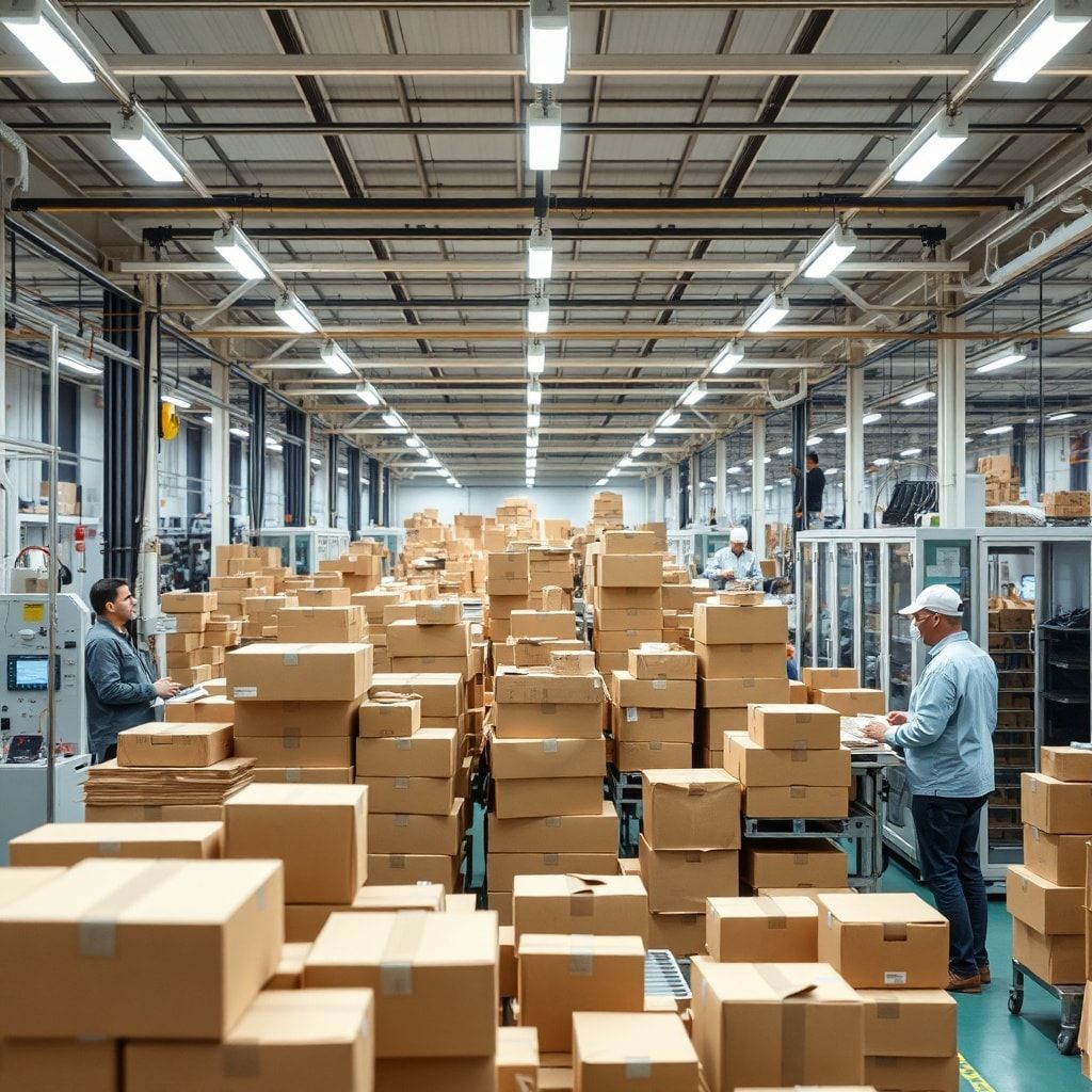 inside - modern cardboard box factory interior, high-tech machinery, workers producing packaging solutions, bustling factory