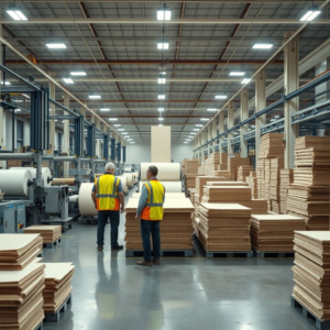 A wide shot of a modern corrugated cardboard factory floor, showing large machinery processing paper rolls into corrugated sheets. Workers in safety vests are overseeing the automated process. The factory is clean, well-lit, and highly organized, with stacks of raw paper and finished sheets. Industrial, high-tech, realistic, 8k quality, cinematic atmosphere.