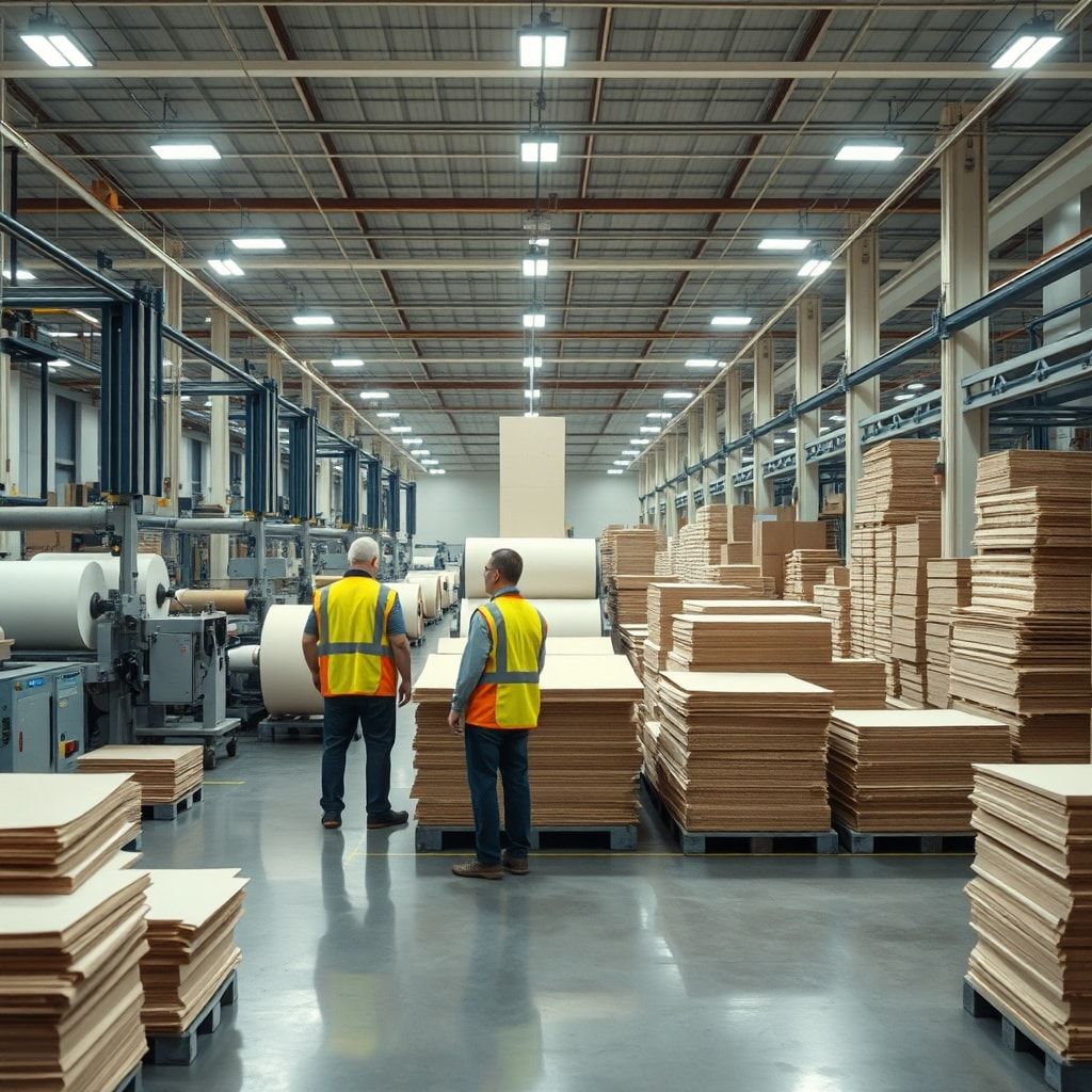 A wide shot of a modern corrugated cardboard factory floor, showing large machinery processing paper rolls into corrugated sheets. Workers in safety vests are overseeing the automated process. The factory is clean, well-lit, and highly organized, with stacks of raw paper and finished sheets. Industrial, high-tech, realistic, 8k quality, cinematic atmosphere.