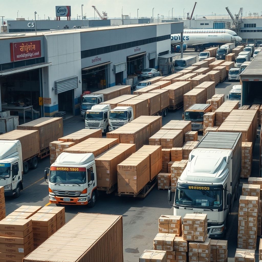 uncover - A bustling logistics hub in Thailand, showcasing numerous trucks loading and unloading corrugated cardboard boxes.