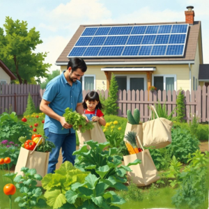 family harvesting vegetables in backyard garden, reusable shopping bags filled with groceries, solar panels on rooftop of sustainable home
