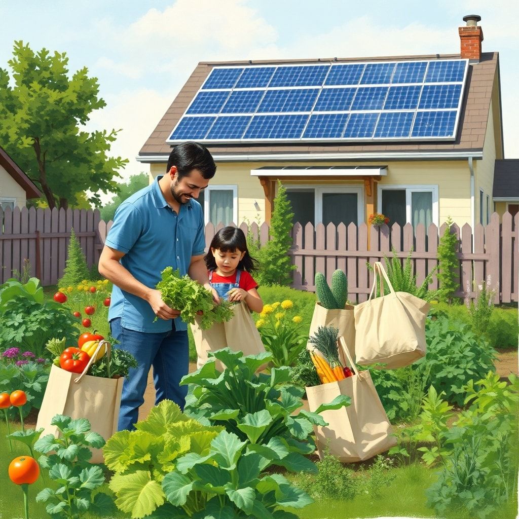 family harvesting vegetables in backyard garden, reusable shopping bags filled with groceries, solar panels on rooftop of sustainable home