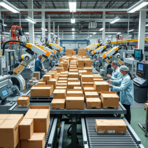 state-of-the-art packaging machinery in a cardboard box factory, with robotic arms assembling boxes, conveyor belts moving products, and workers overseeing the process, modern industrial setting with digital displays and control panels
