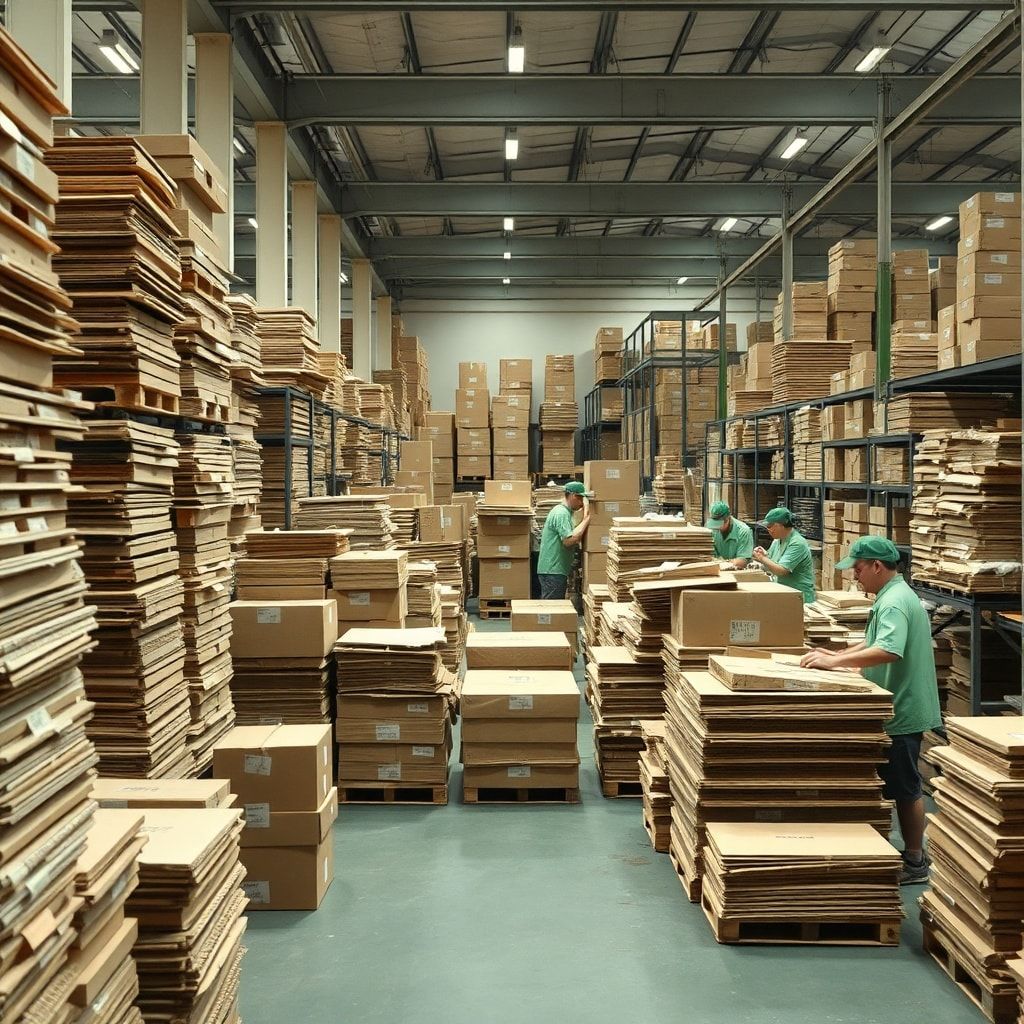 evolution - eco-friendly packaging materials in a cardboard box factory, with stacks of recycled cardboard, sustainable produ