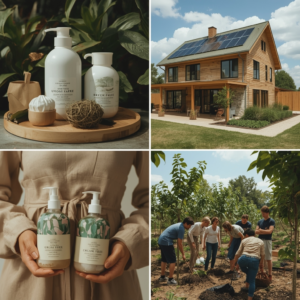 sustainable lifestyle with eco-friendly products and reusable items, modern eco-friendly house with solar panels and green roof, diverse group of people planting trees in a community garden