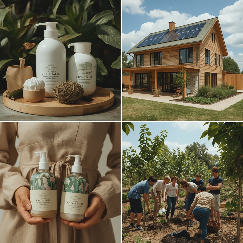 sustainable lifestyle with eco-friendly products and reusable items, modern eco-friendly house with solar panels and green roof, diverse group of people planting trees in a community garden