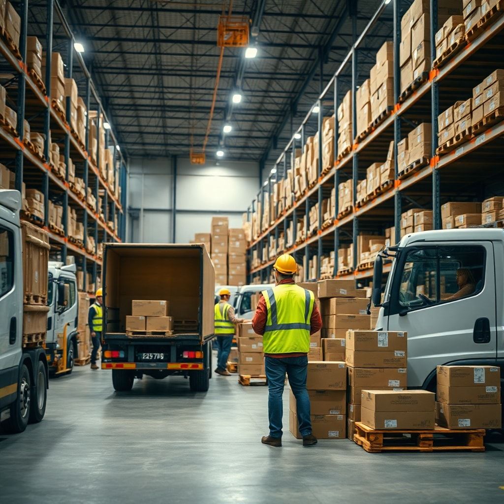 A professional logistics hub with delivery trucks loading corrugated boxes, workers in safety vests overseeing the operations, modern warehouse interior, bright lighting, organized shelves of various sized boxes, showing efficiency and speed, a sense of controlled chaos, high-resolution, dynamic angle, industrial photography style, focus on efficiency and speed for an Sme