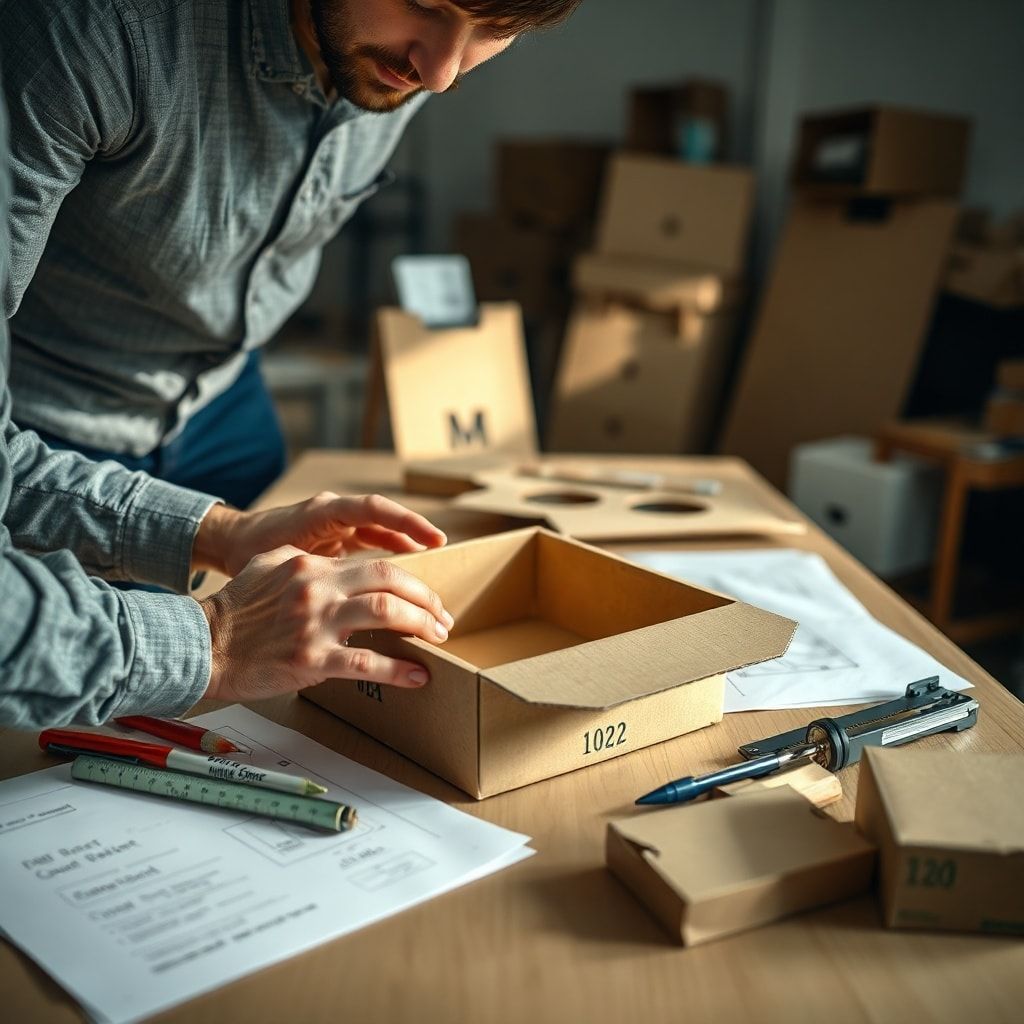 growth - A close-up of hands designing a custom corrugated box prototype, a designer and an Sme business owner collaborating