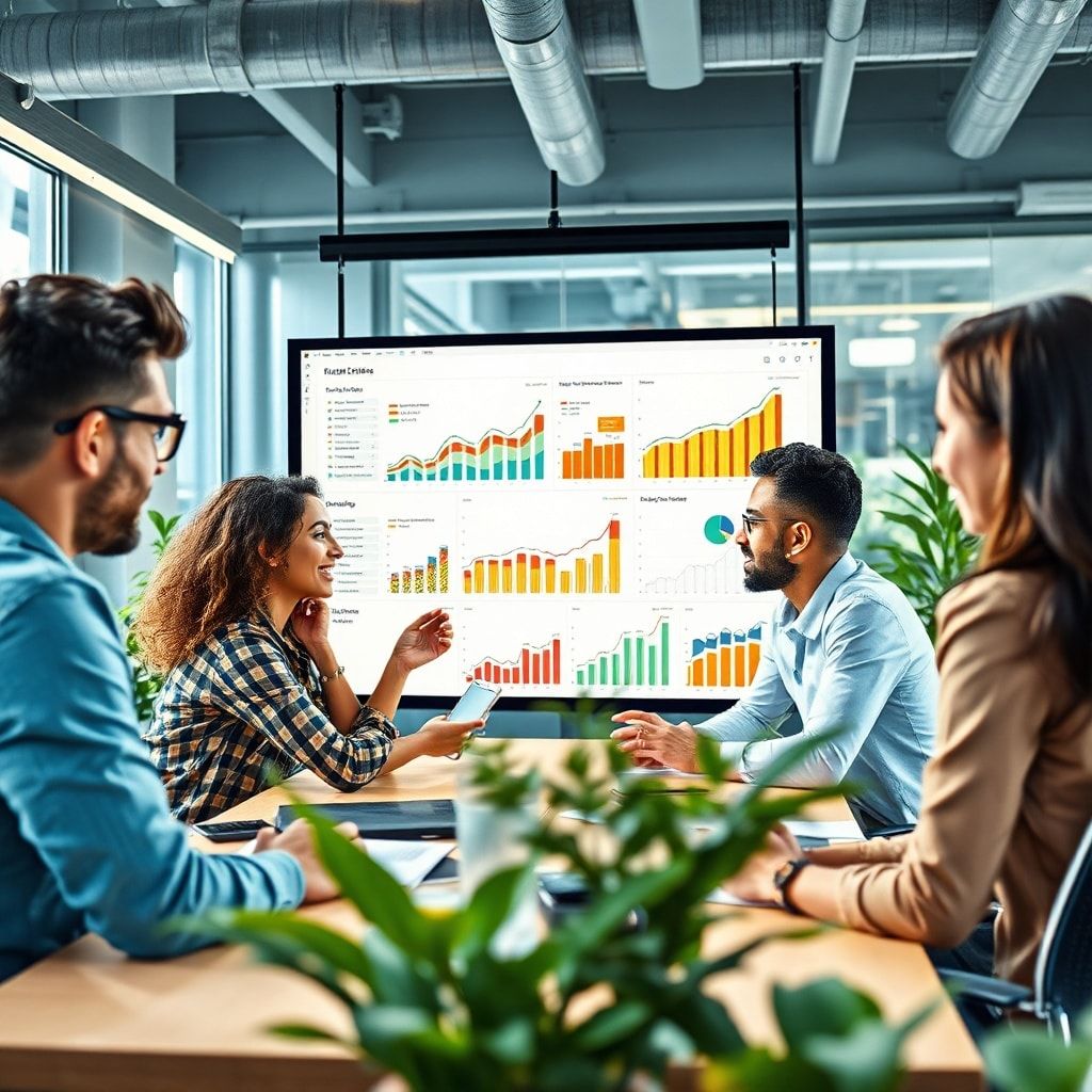 A modern Sme office interior with a diverse team collaborating around a large screen displaying supply chain analytics, showi