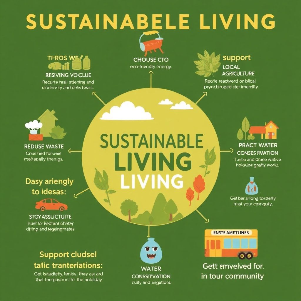 sustainable living infographic showcasing tips for reducing waste, choosing eco-friendly products, conserving energy, support