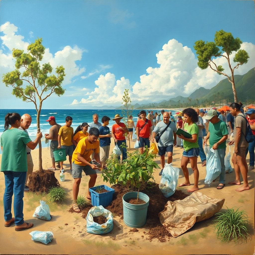 sustainable - diverse group of people participating in environmental activism, planting trees, recycling, and cleaning up a b