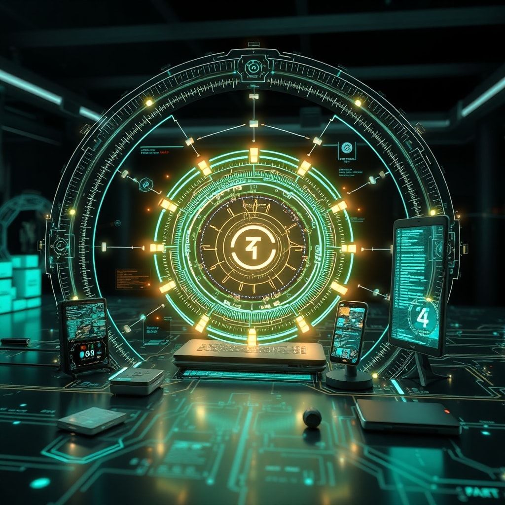 innovative technology concept with digital interface and futuristic design, showcasing interconnected network of devices, advanced AI algorithms, and cutting-edge technology