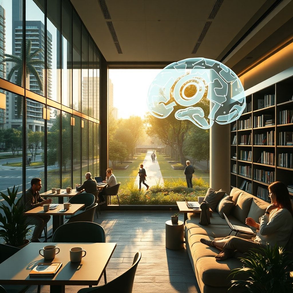 latest - modern office with glass walls and people working on laptops, cozy Italian café terrace with coffee cups and notebo