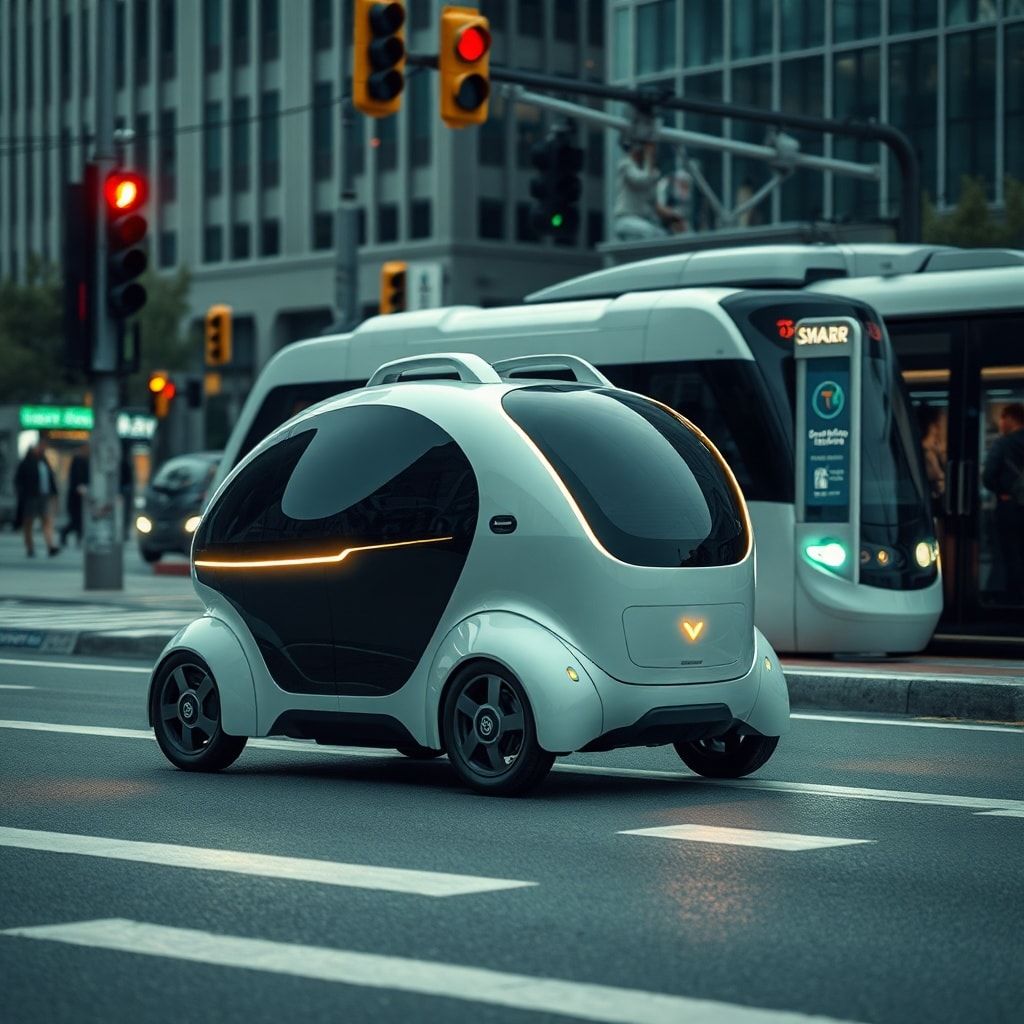 latest - futuristic self-driving car on city street, electric scooter rental station with modern design, high-speed train in