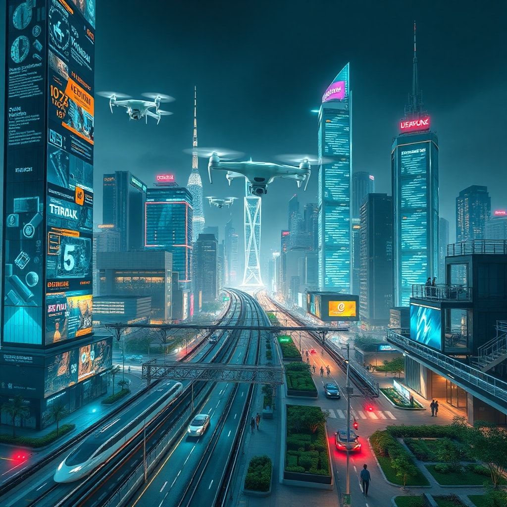 innovative technology in a modern city, futuristic skyscrapers with digital screens, flying drones, high-speed trains, and electric cars, vibrant cityscape with neon lights and bustling streets, urban landscape with green spaces and sustainable architecture, advanced technology hub with diverse people collaborating on projects, sleek and modern design, dynamic and energetic atmosphere