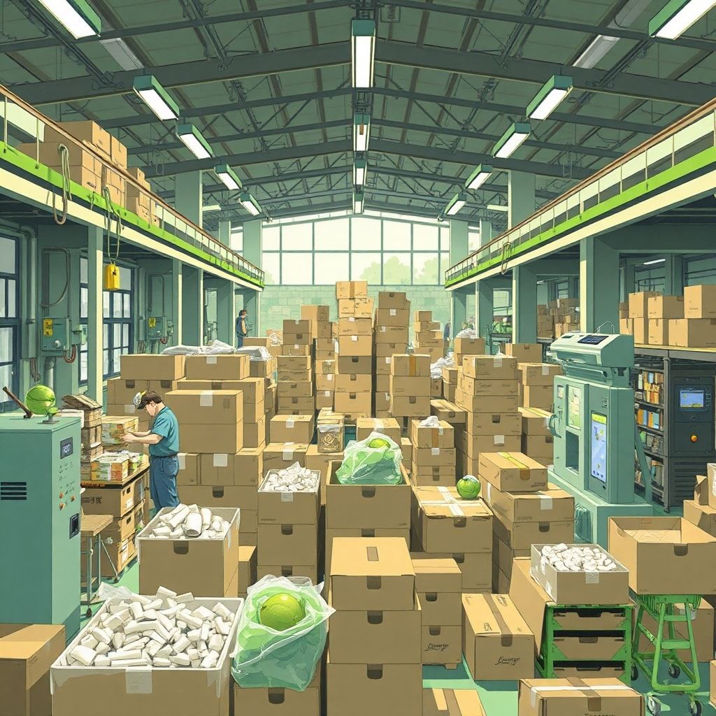 Eco-friendly packaging materials being used in a cardboard box manufacturing plant, workers sorting and processing recycled materials, modern machinery in a sustainable packaging factory, green energy sources like solar panels on a packaging facility roof, environmentally conscious consumers choosing sustainable products at a store, sustainable packaging solutions being showcased at an industry event