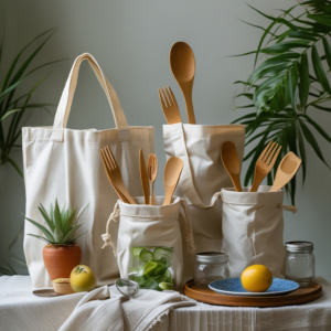 Eco-friendly lifestyle with reusable bags, bamboo utensils, and glass jars for zero waste living