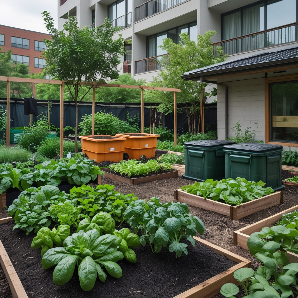 Community garden with fresh produce, compost bins, and rainwater harvesting system for sustainable urban living