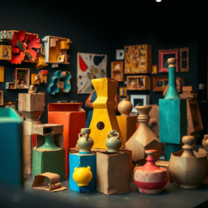 creative cardboard box sculptures in various shapes and sizes, painted in vibrant colors, displayed in a gallery setting, artist at work cutting and shaping cardboard pieces, artistic and abstract cardboard box wall art installation, DIY cardboard box storage solutions with decorative paper and labels, handmade cardboard box home decor items like vases and picture frames