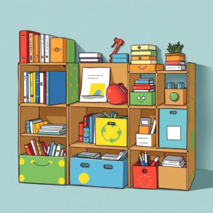 creative storage solutions made from recycled cardboard, painted in vibrant colors and patterns, neatly organizing various items like books, toys, and office supplies