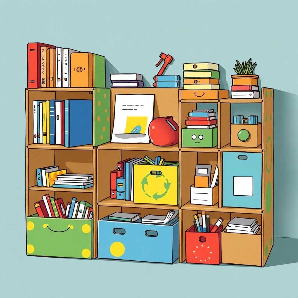 creative storage solutions made from recycled cardboard, painted in vibrant colors and patterns, neatly organizing various items like books, toys, and office supplies