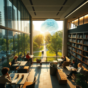 modern office with glass walls and people working on laptops, cozy Italian café terrace with coffee cups and notebooks, peaceful city park with green trees and stone pathways, minimalist living room interior with sunlight through large windows, futuristic AI holographic brain with neon lights, university library with tall bookshelves and students studying, warm natural sunlight, cinematic atmosphere, ultra realistic, highly detailed, 8k quality, photorealistic