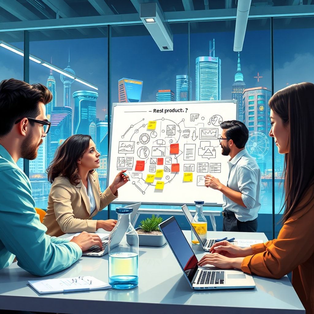 creative brainstorming session with diverse team members, innovative product design sketches on a whiteboard, collaborative w