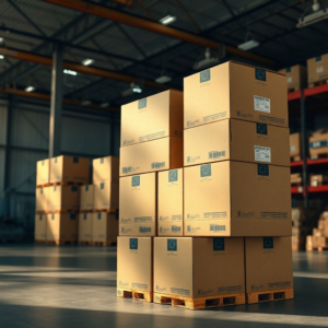 A stack of perfectly sized custom corrugated boxes with a company logo, neatly arranged in a warehouse, showcasing efficient storage and logistics. The boxes are brown with black and white printing, in a clean, modern industrial setting, warm natural sunlight, cinematic atmosphere, ultra realistic, highly detailed, 8k quality, photorealistic