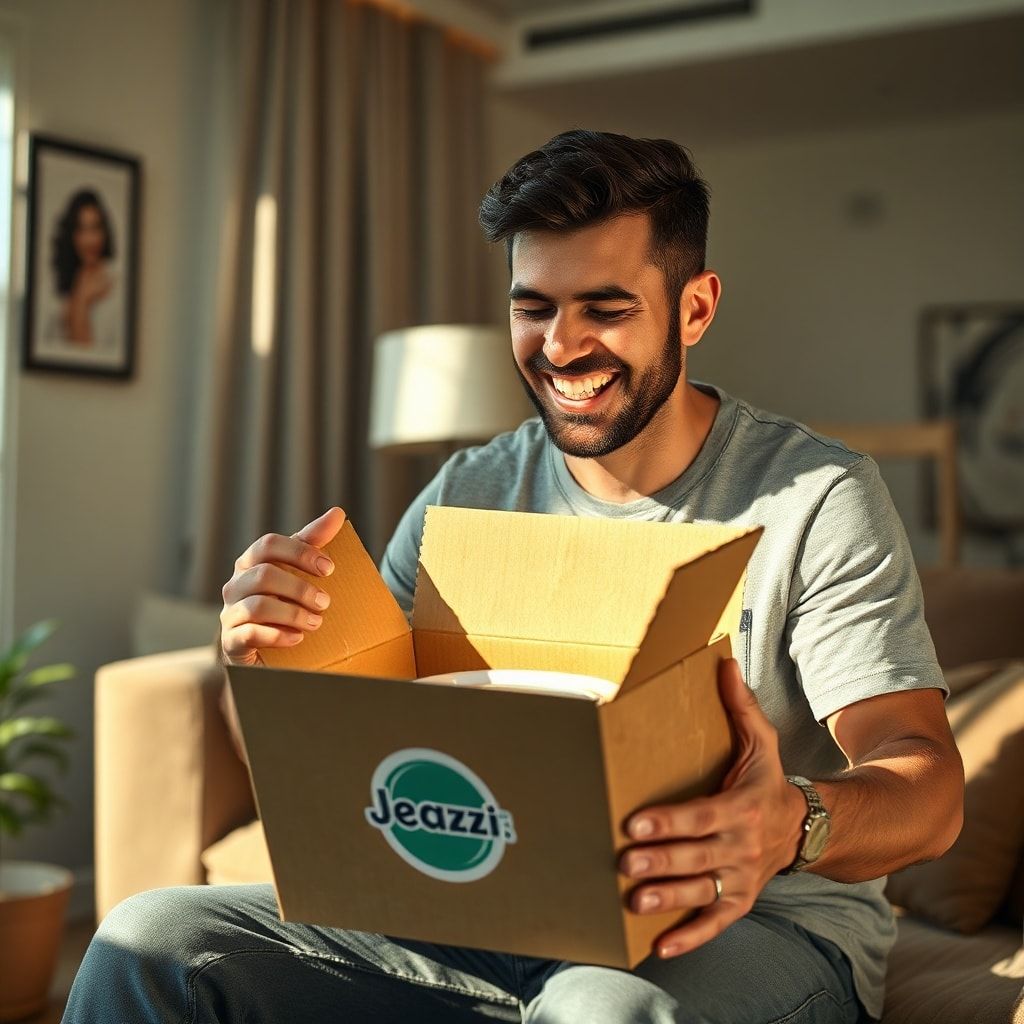 A customer happily unboxing a custom-designed corrugated box with a vibrant brand logo and unique patterns, revealing a produ