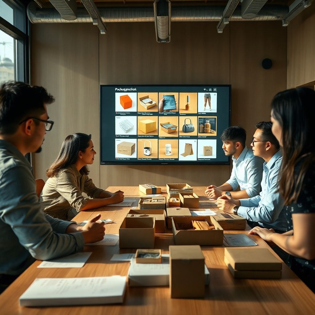 A group of packaging designers and business owners in a modern meeting room in Bangkok, reviewing various corrugated box prot